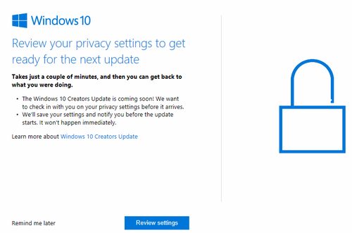 Creators Update arrival popup, Windows 10