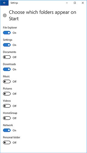 Windows 10: Choose which folders appear on start